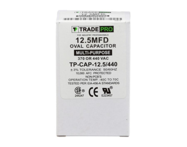 12.5 MFD 370 or 440 VAC Single Run Capacitor - Oval
