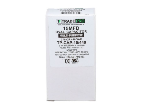 15 MFD 370 or 440 VAC Single Run Capacitor - Oval