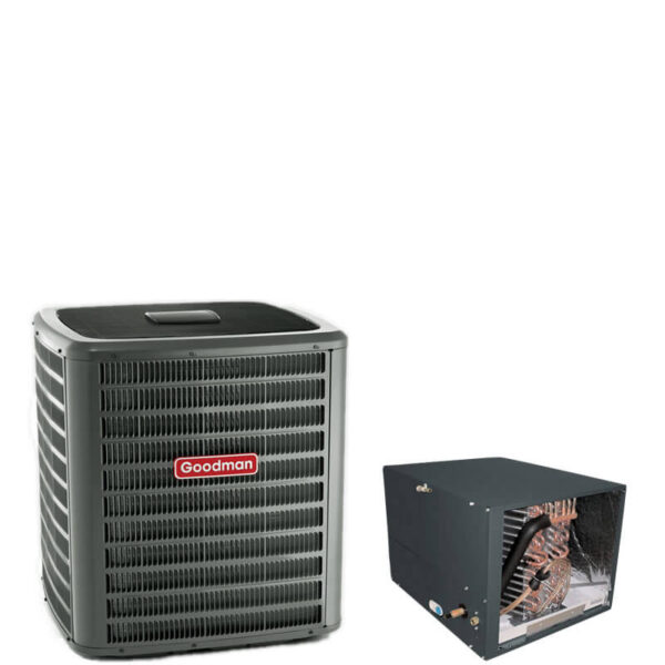 5 Ton Goodman 17.2 SEER2 R410A Two-Stage Air Conditioner Condenser with 24.5″ Tall Horizontal Cased Evaporator Coil